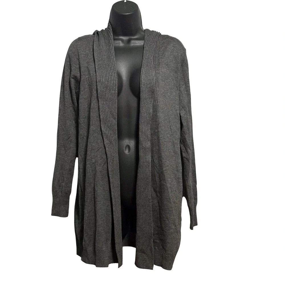 Hayden Park Womens Small Charcoal Gray Hooded Open Front Cardigan Pointelle Back